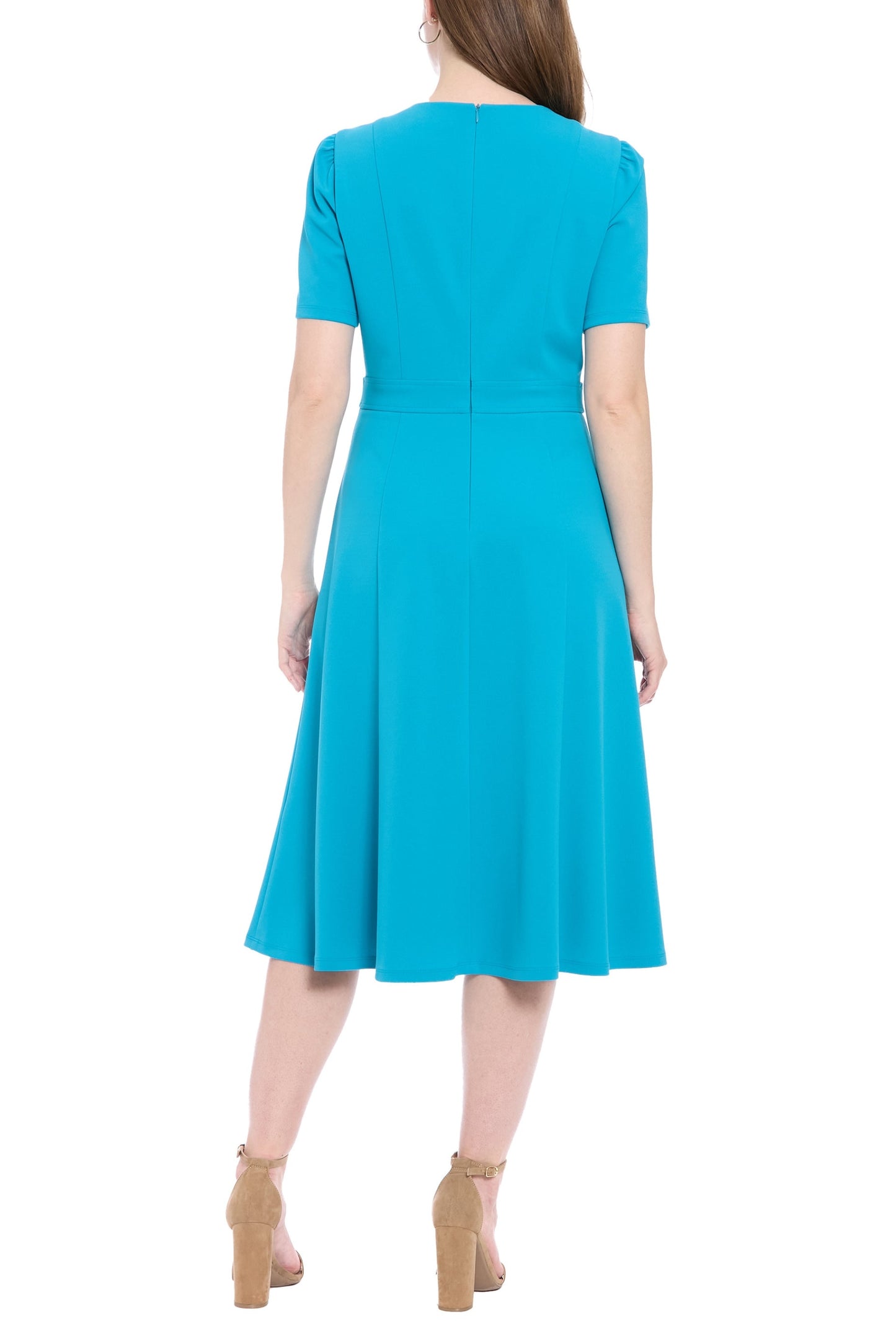 London Times Round Neckline Short Sleeves Waist Button Seamed Bodice Zipper Closure A-Line Midi Dress-1