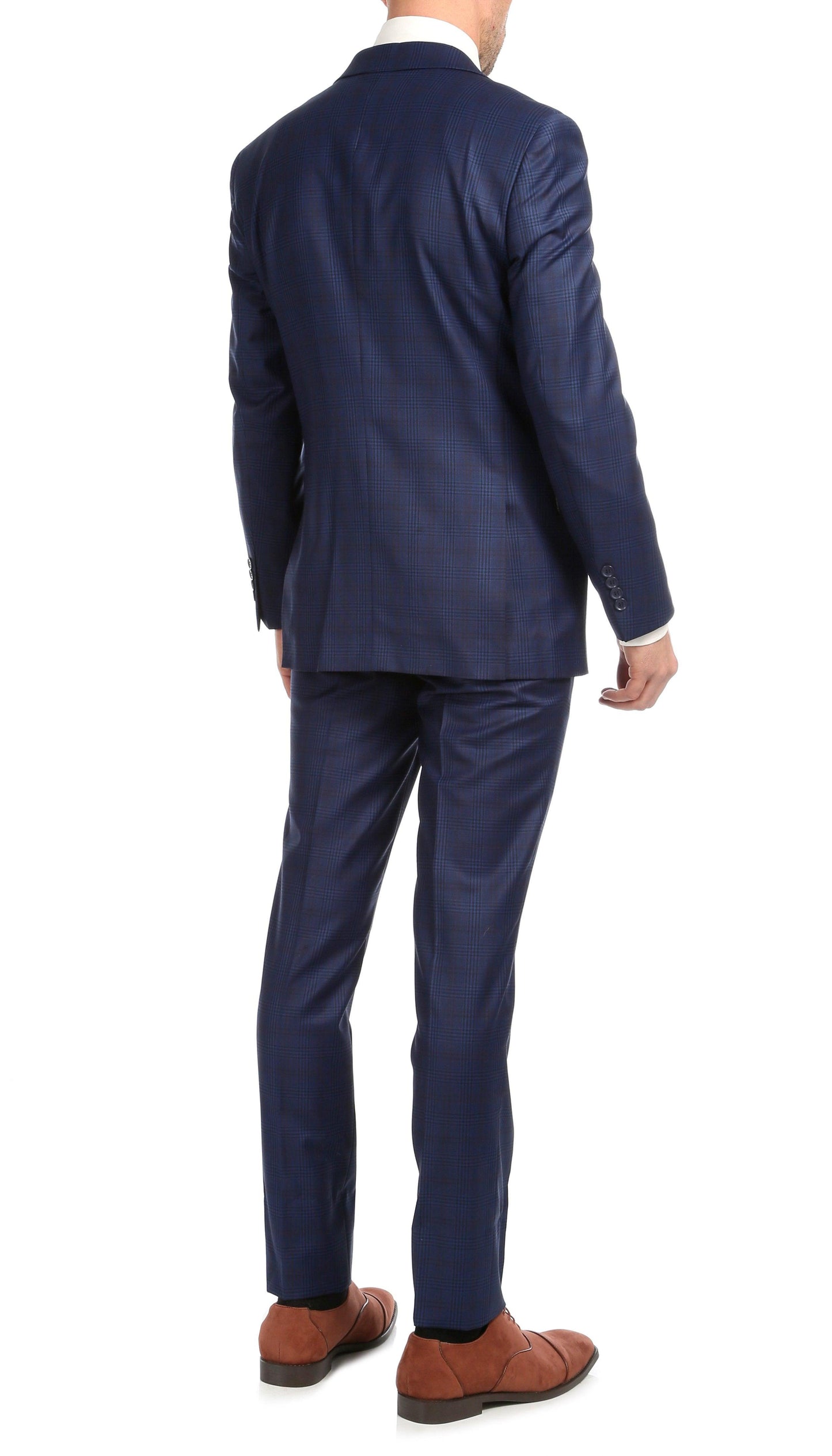 Yves Blue Plaid Check Men's Premium 2 Piece Wool Slim Fit Suit-4