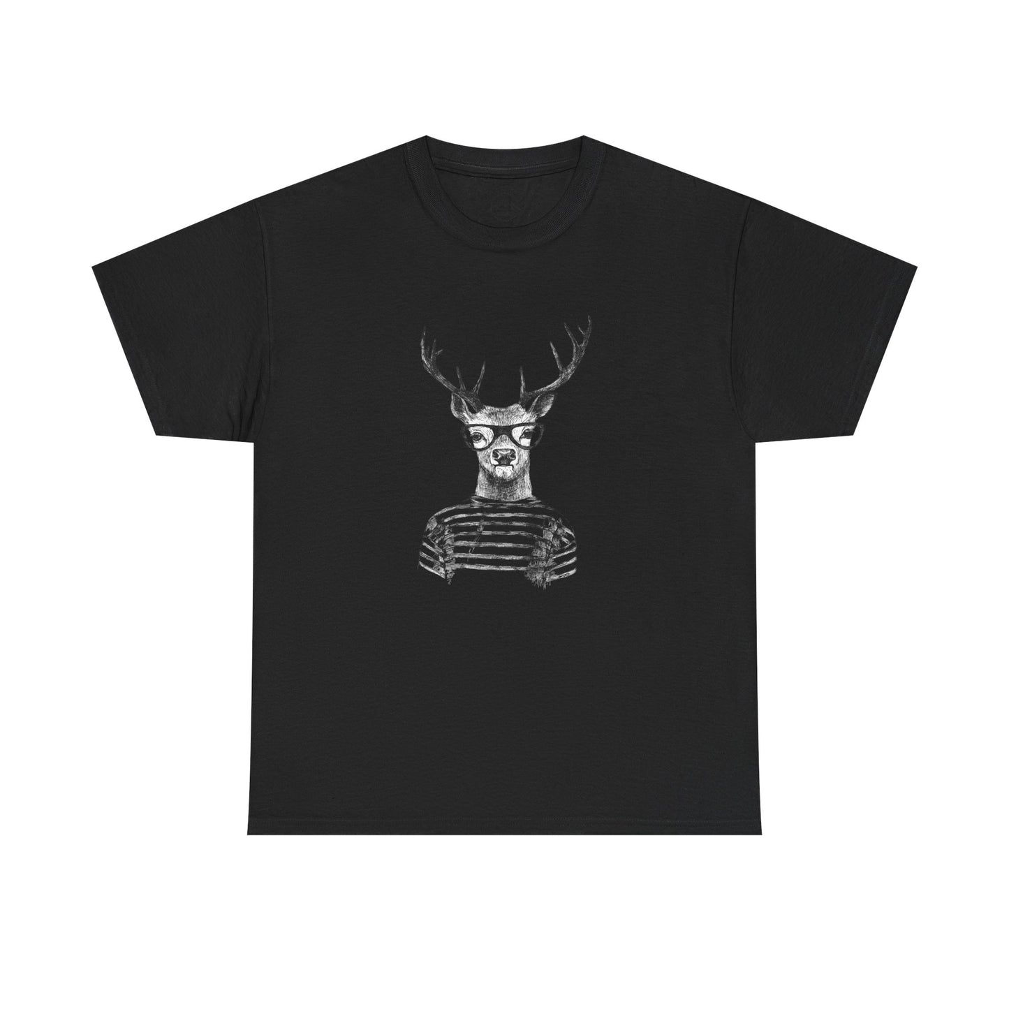 Hipster Deer Illustration Tee-Striped Shirt