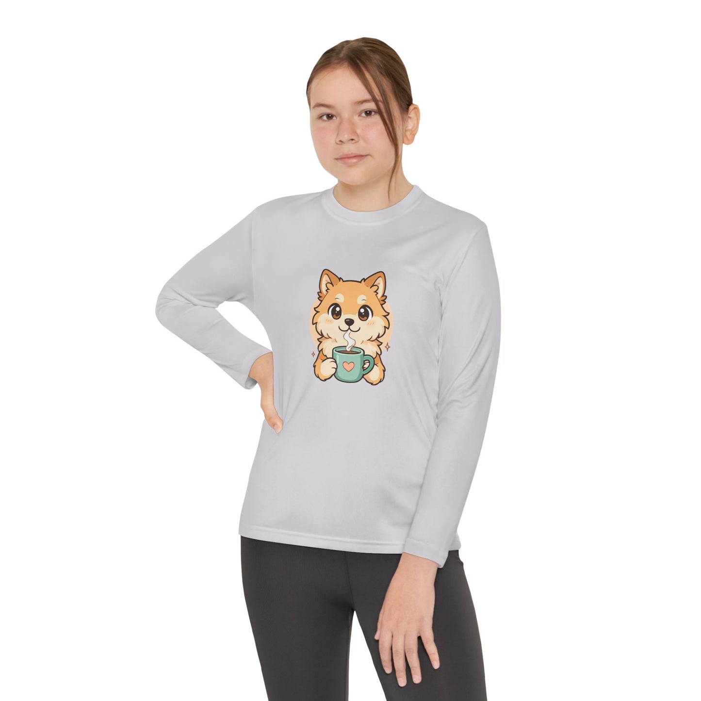 Cute Puppy with Mug Youth Long Sleeve Tee — Kids