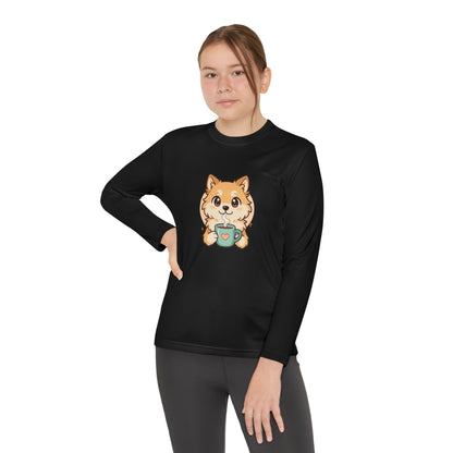 Cute Puppy with Mug Youth Long Sleeve Tee — Kids