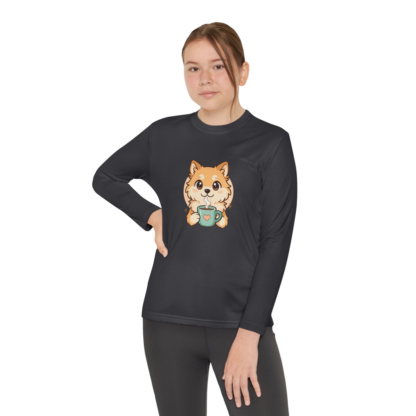 Cute Puppy with Mug Youth Long Sleeve Tee — Kids