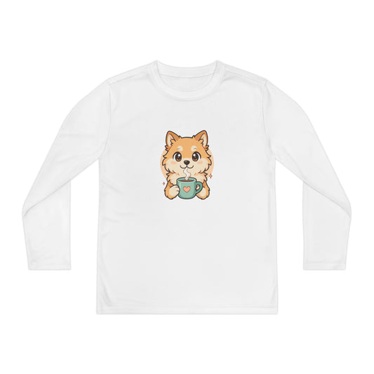 Cute Puppy with Mug Youth Long Sleeve Tee — Kids