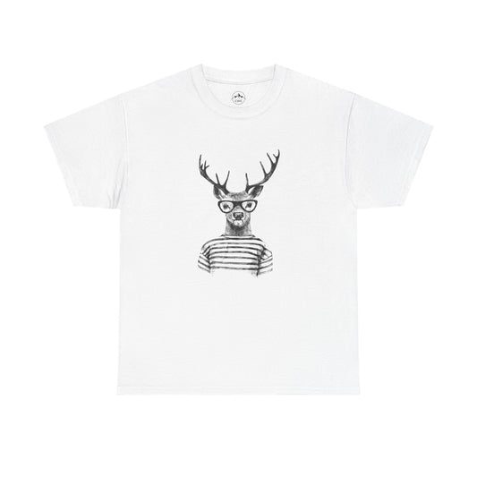 Hipster Deer Illustration Tee-Striped Shirt