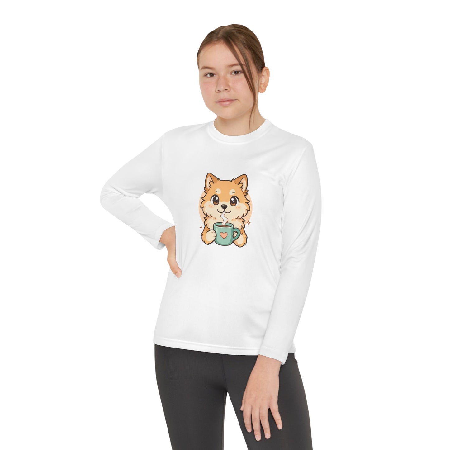 Cute Puppy with Mug Youth Long Sleeve Tee — Kids