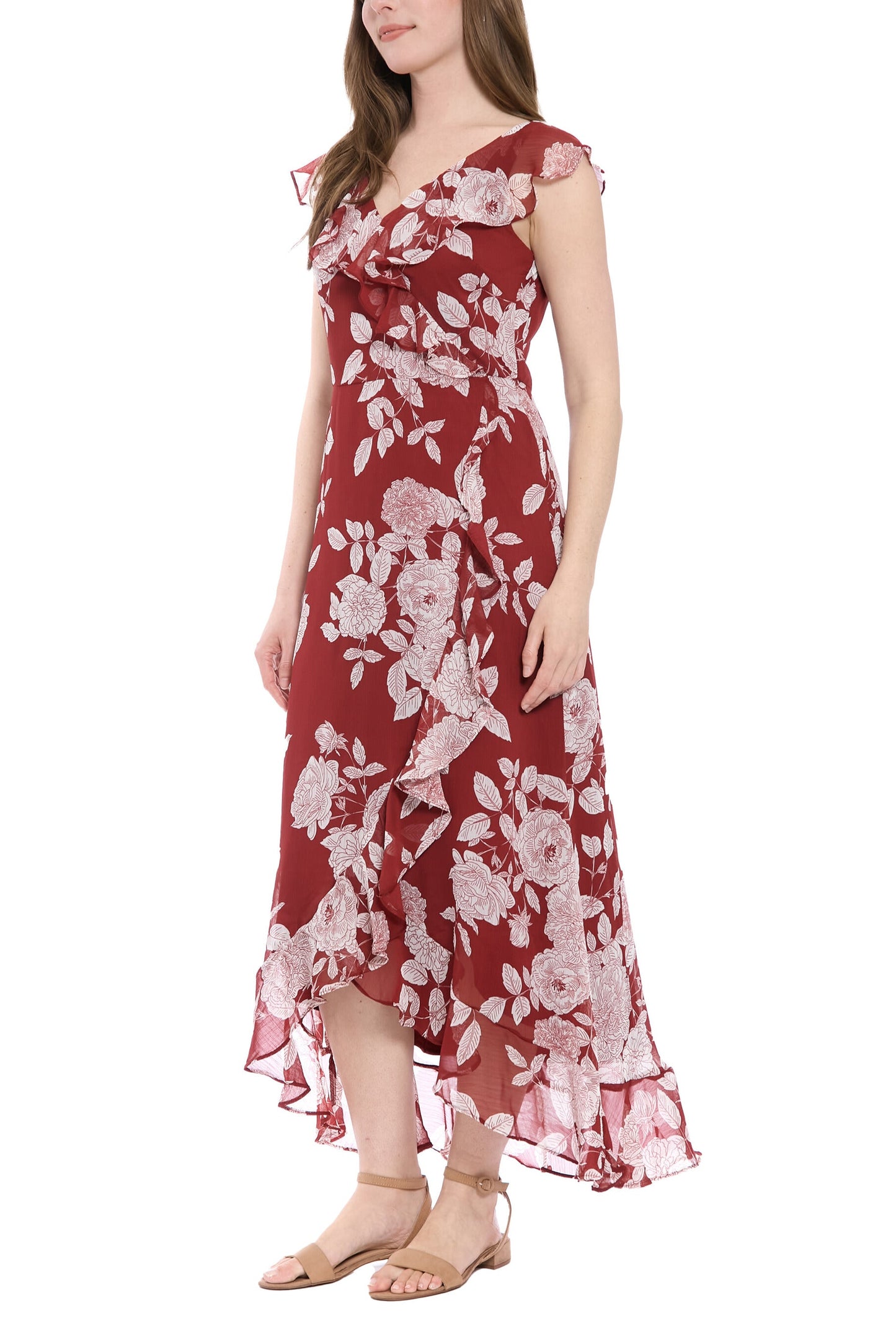 London Times V-Neck Ruffled Floral Print Zipper Back Chiffon Maxi Dress-3