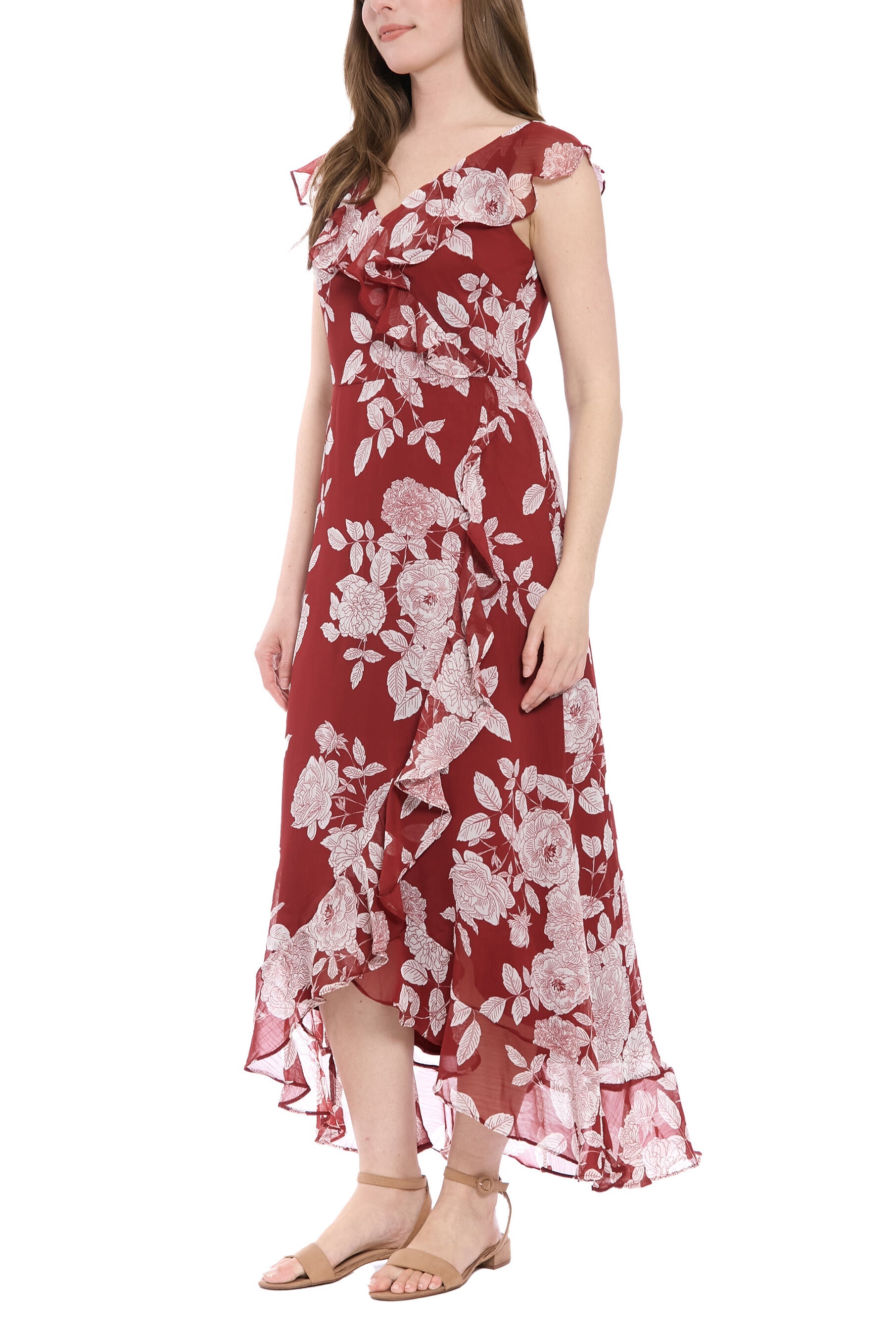 London Times V-Neck Ruffled Floral Print Zipper Back Chiffon Maxi Dress-3