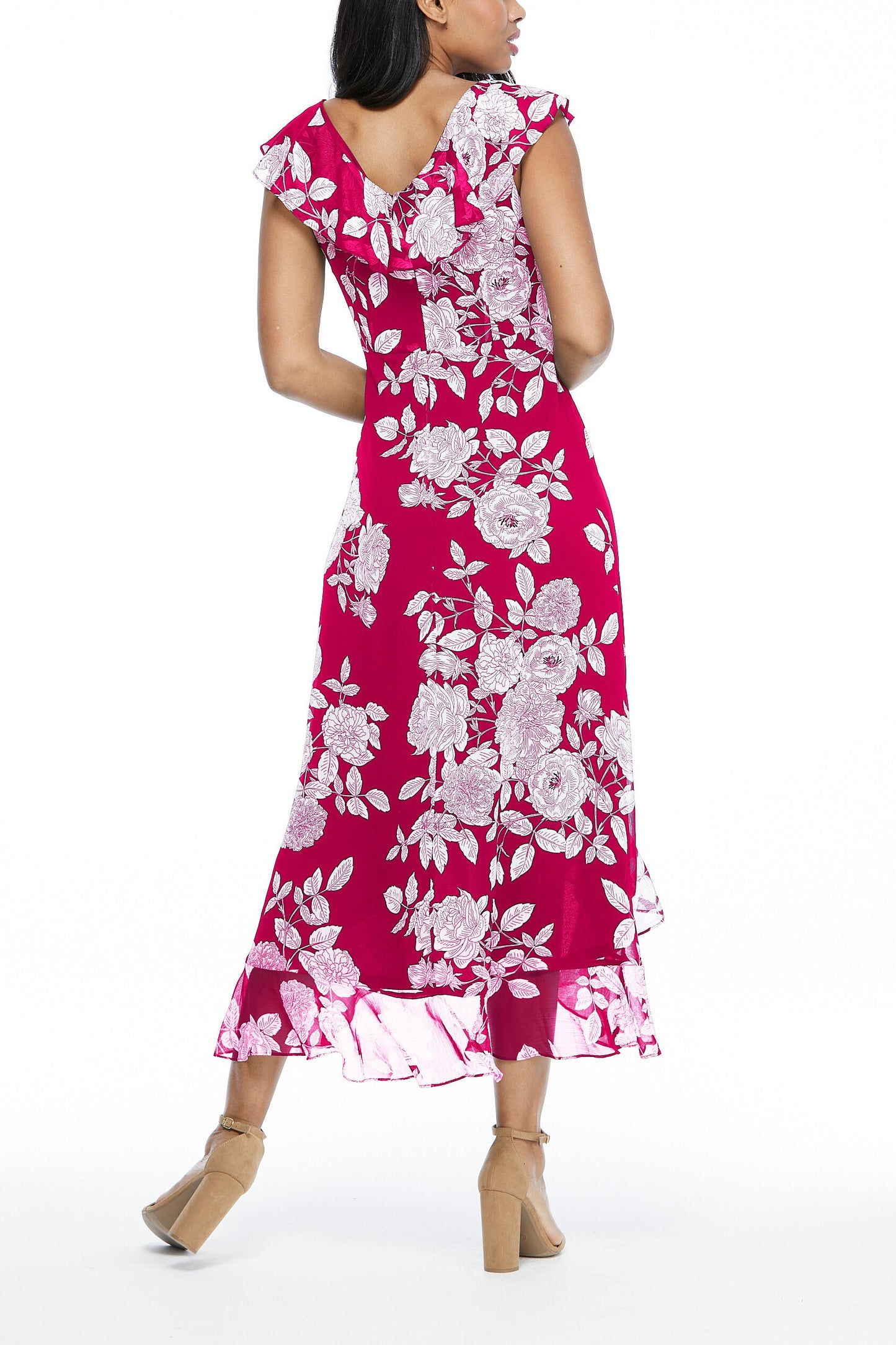 London Times V-Neck Ruffled Floral Print Zipper Back Chiffon Maxi Dress-1