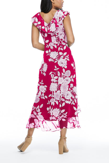 London Times V-Neck Ruffled Floral Print Zipper Back Chiffon Maxi Dress-1