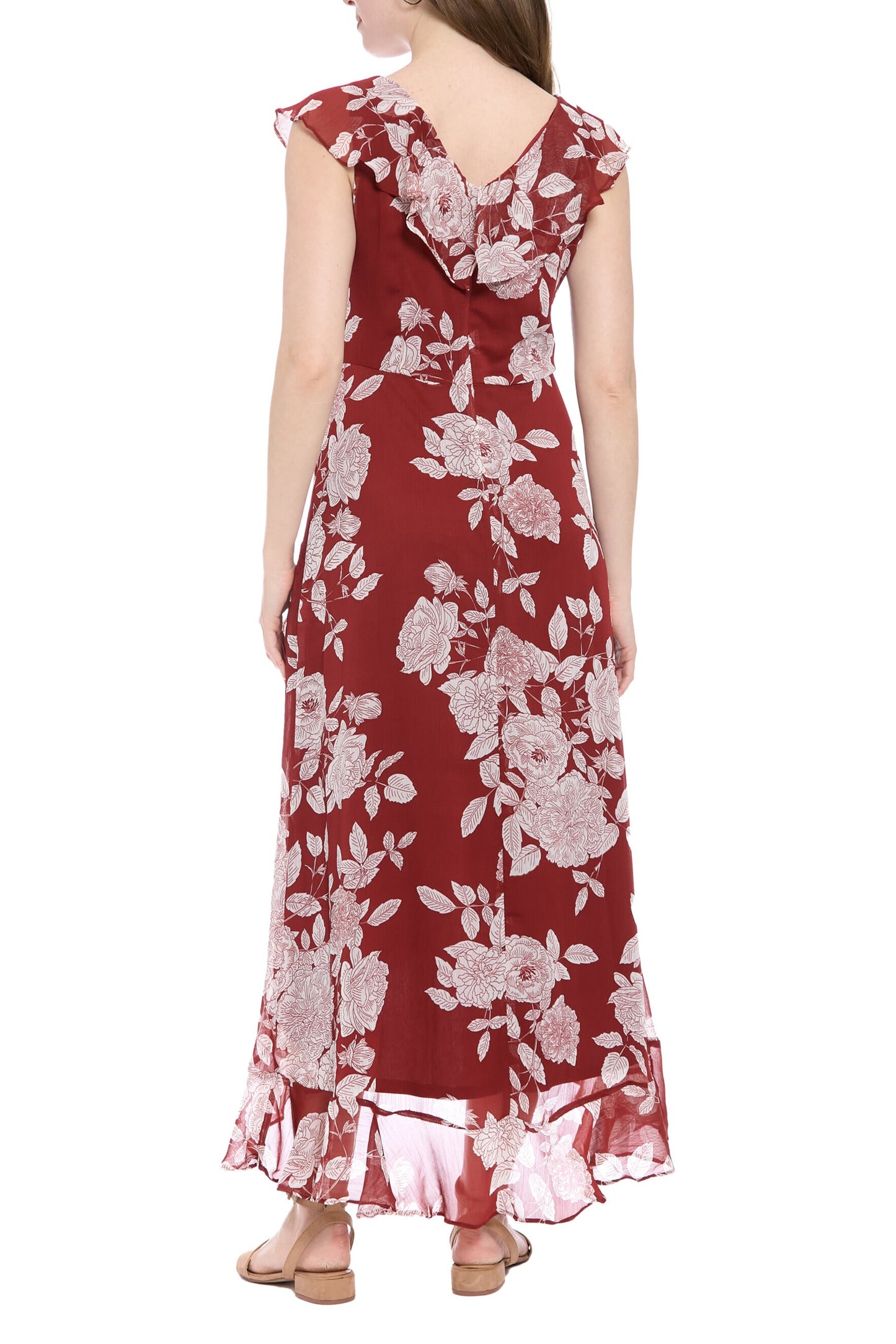 London Times V-Neck Ruffled Floral Print Zipper Back Chiffon Maxi Dress-4