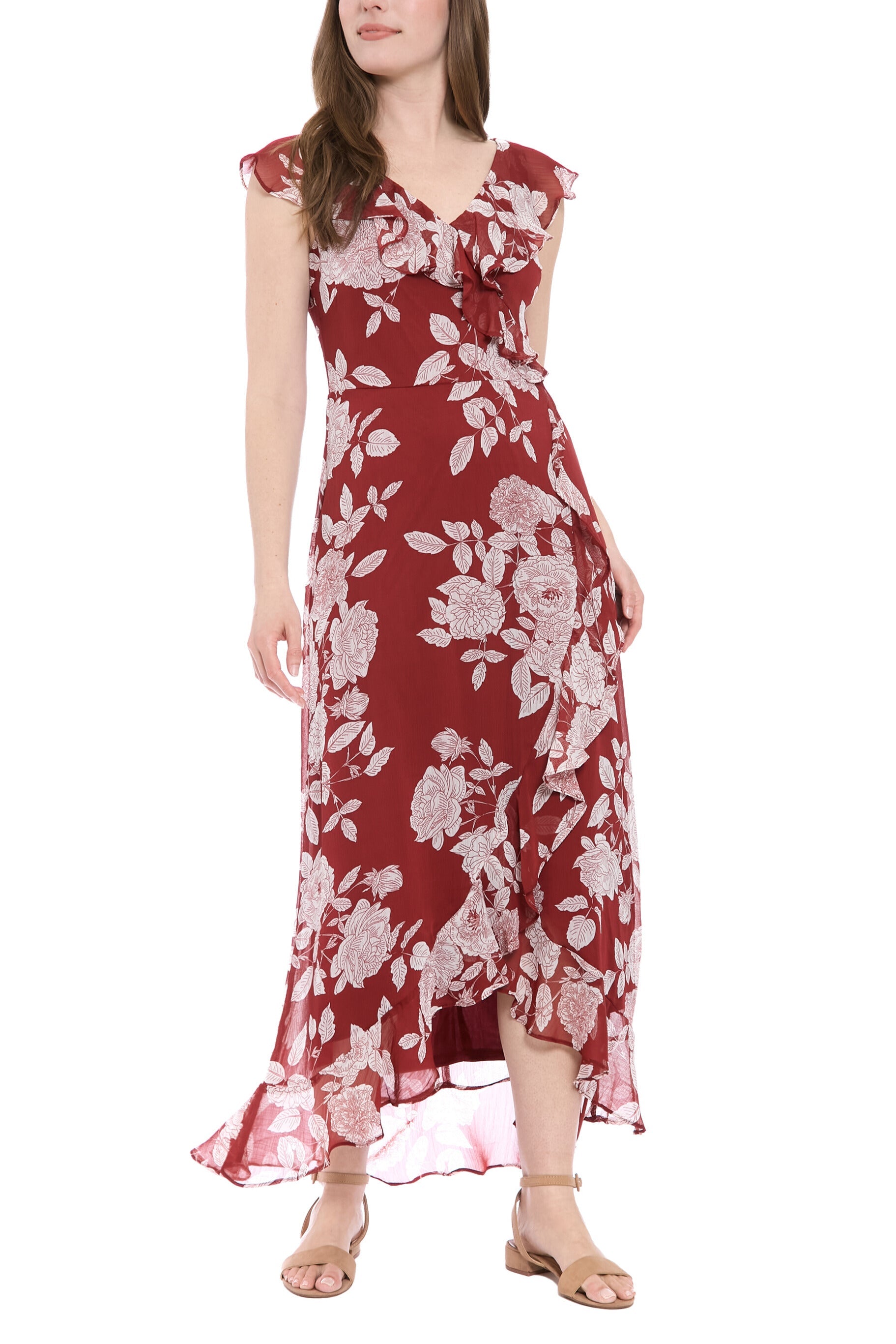 London Times V-Neck Ruffled Floral Print Zipper Back Chiffon Maxi Dress-2