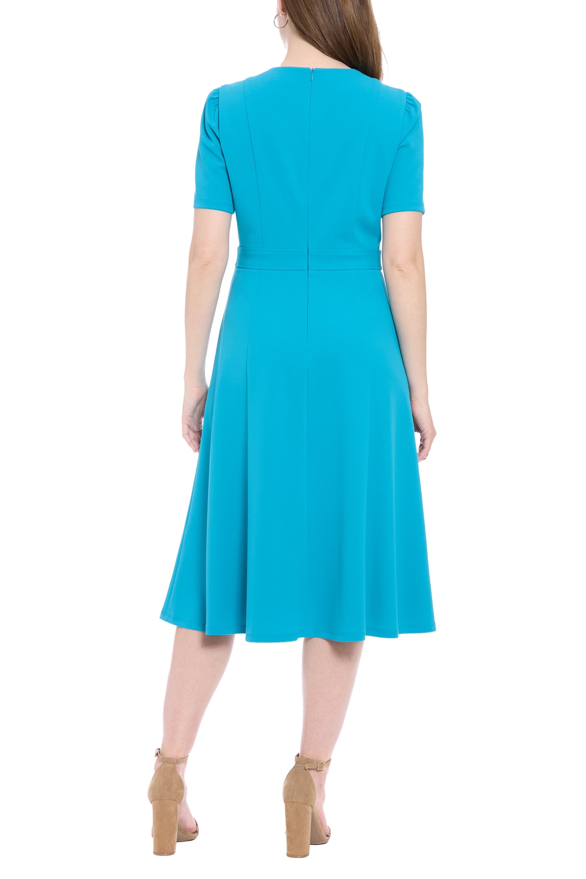 London Times Round Neckline Short Sleeves Waist Button Seamed Bodice Zipper Closure A-Line Midi Dress-1