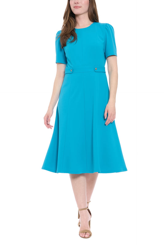 London Times Round Neckline Short Sleeves Waist Button Seamed Bodice Zipper Closure A-Line Midi Dress-0