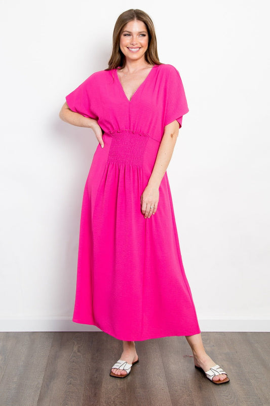 Shirred Front Short Sleeve Maxi Dress-0