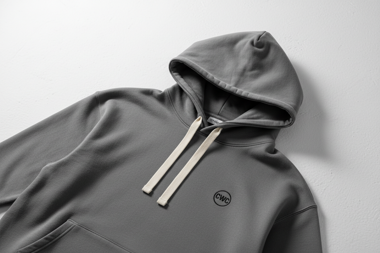 esa misma foto pero que el hoodie tenga un logo en la izquierda del hoodie que diga CWC