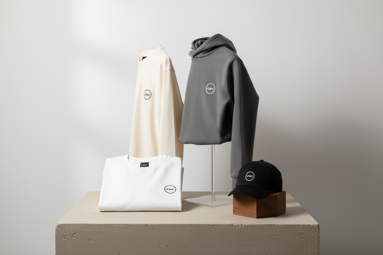 generar un espacio donde alla tshirt, hoodies, long sleeve t shirt, y gorras con un logo .CWC que este dentro de un criculo el logo y puesto encada ropa y que sea pequeño