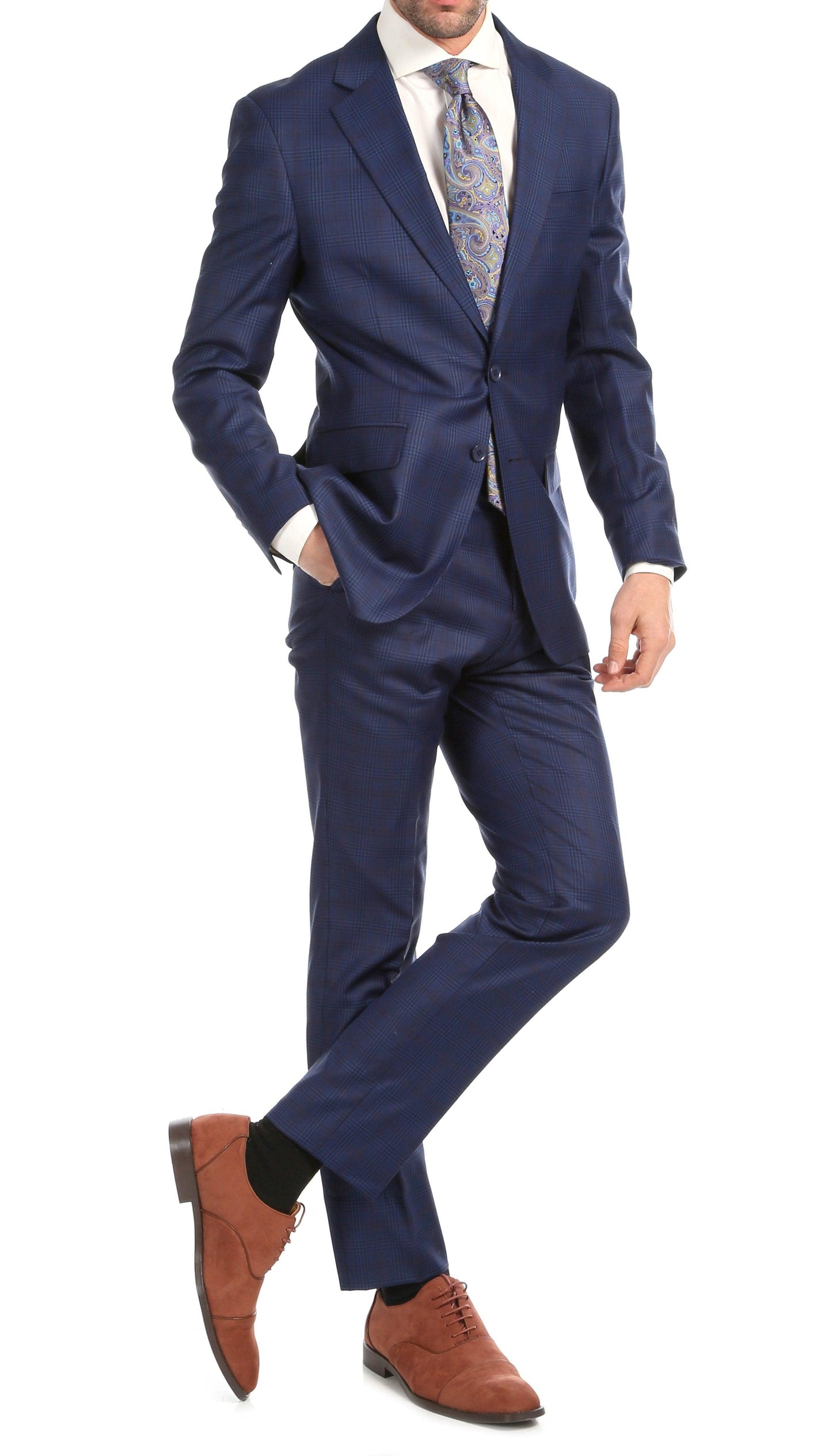Yves Blue Plaid Check Men's Premium 2 Piece Wool Slim Fit Suit-2