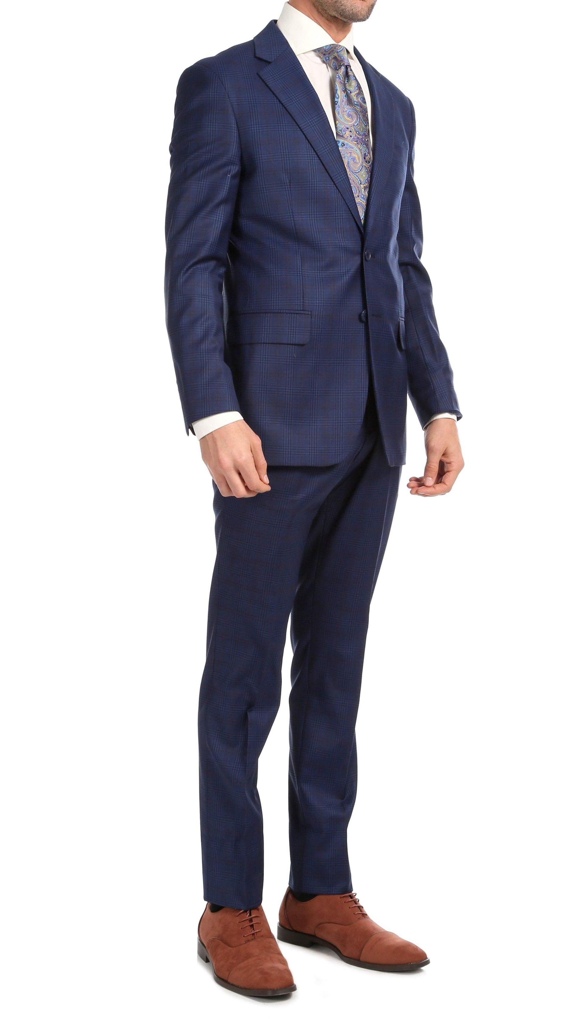 Yves Blue Plaid Check Men's Premium 2 Piece Wool Slim Fit Suit-3