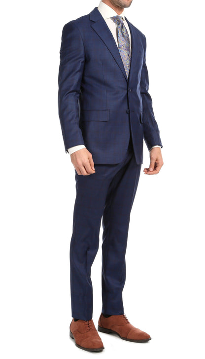 Yves Blue Plaid Check Men's Premium 2 Piece Wool Slim Fit Suit-3